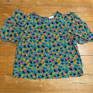 Abstract Multicolor Puff Sleeve Crop Top - Teal & Orange